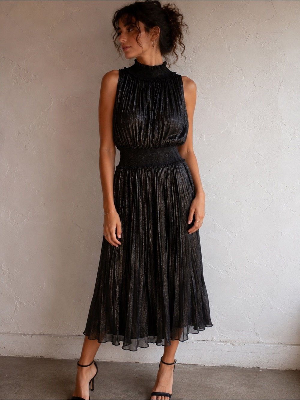 Nanette Lepore Black Metallic Pleated Midi Dress